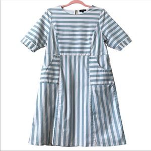 Roolee Mini Dress White Blue Striped Pockets Short Sleeve Cottagecore Large